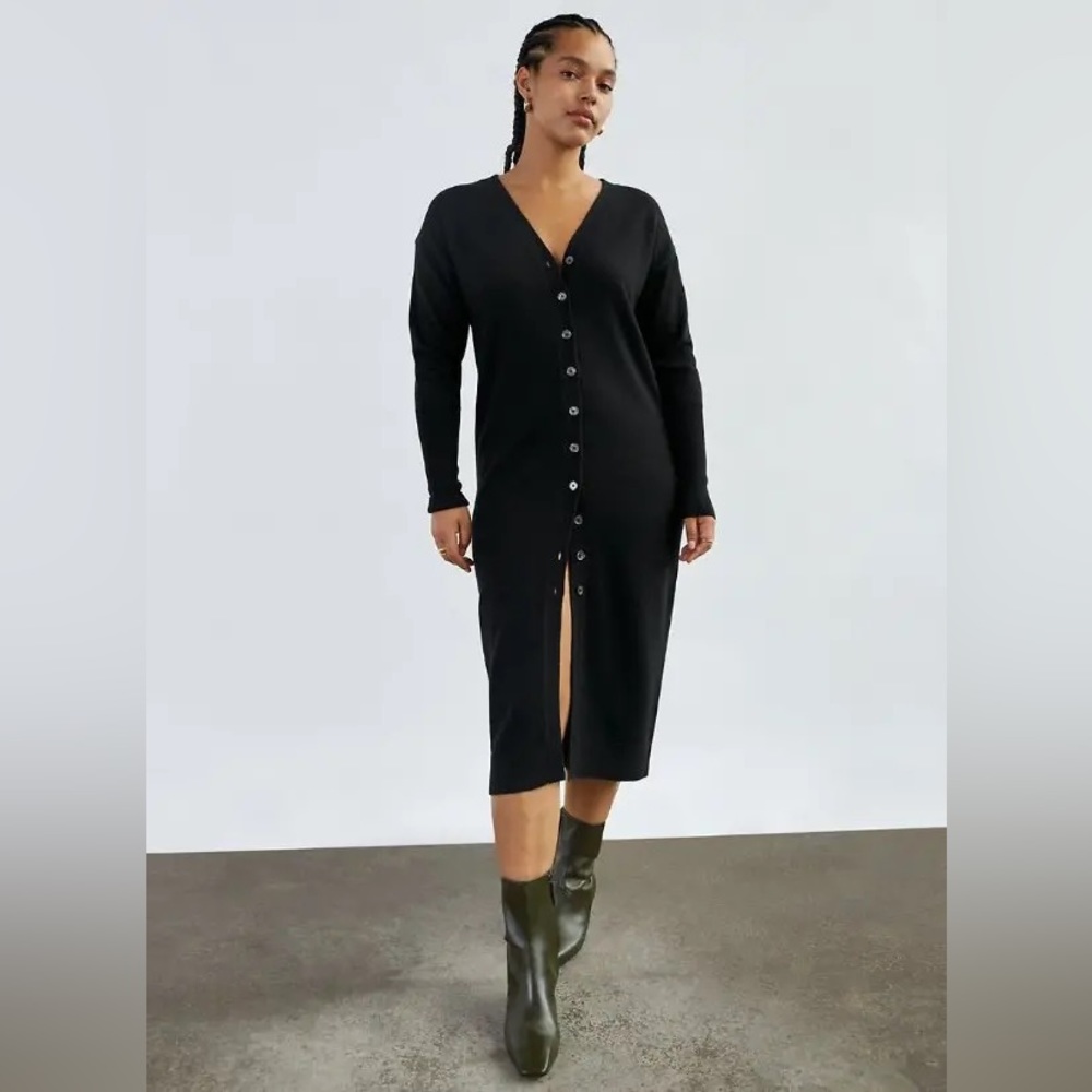 Wilfred Aritzia Utopia 100% Merino Wool Black Cardigan Sweater Dress button